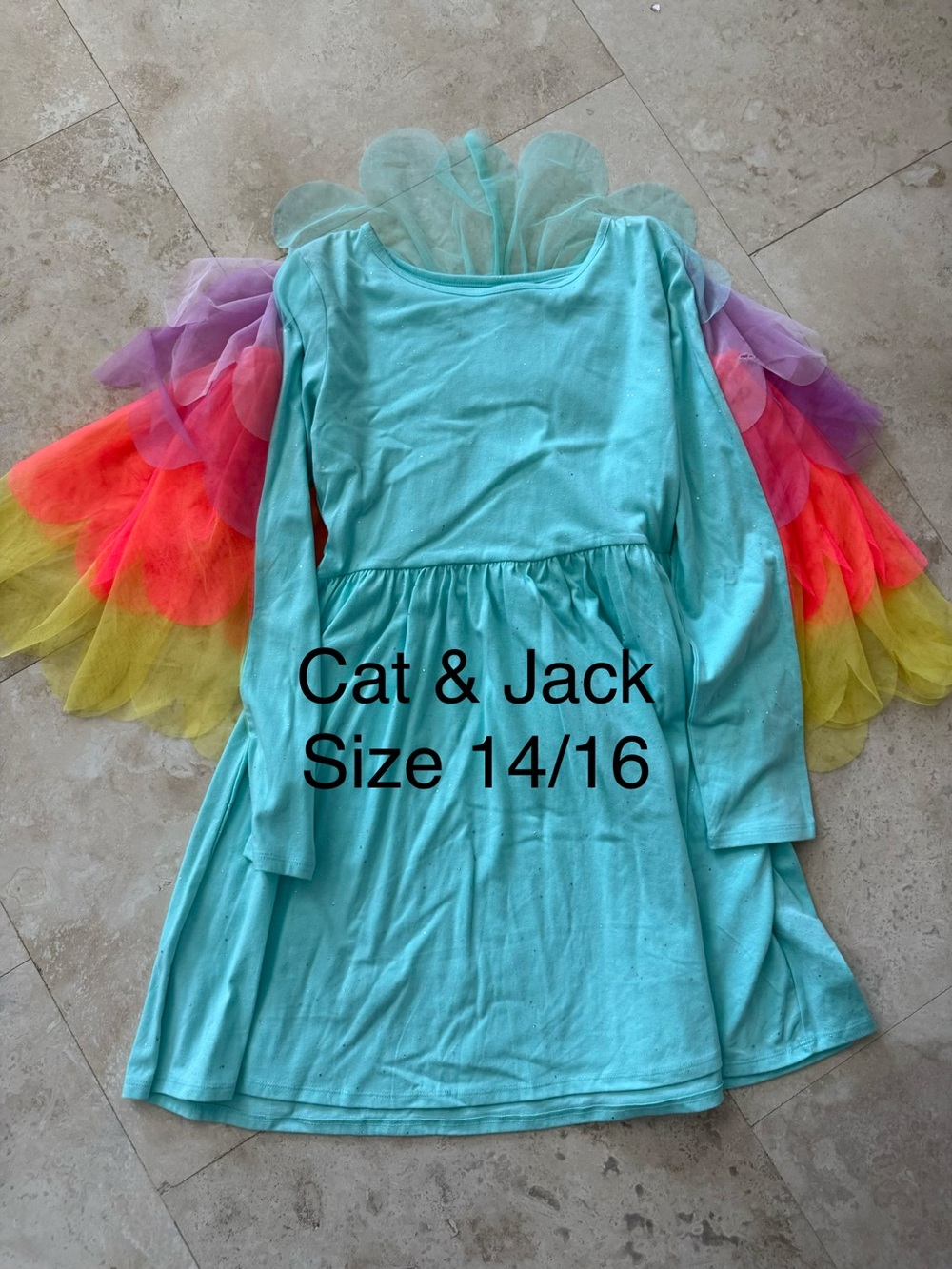 Cat & Jack Aqua Long-Sleeve Dress with Rainbow Tulle Wings